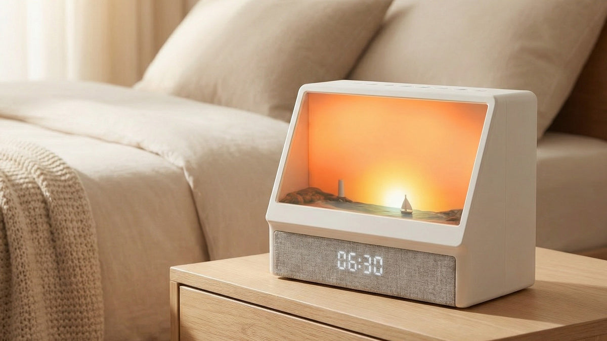 Sunrise alarm clock glowing on a bedside table