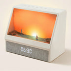 Nestauria sunrise alarm clock in white with a glowing sunset scene