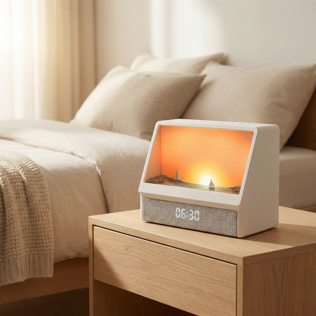 Sunrise alarm clock on a bedside table